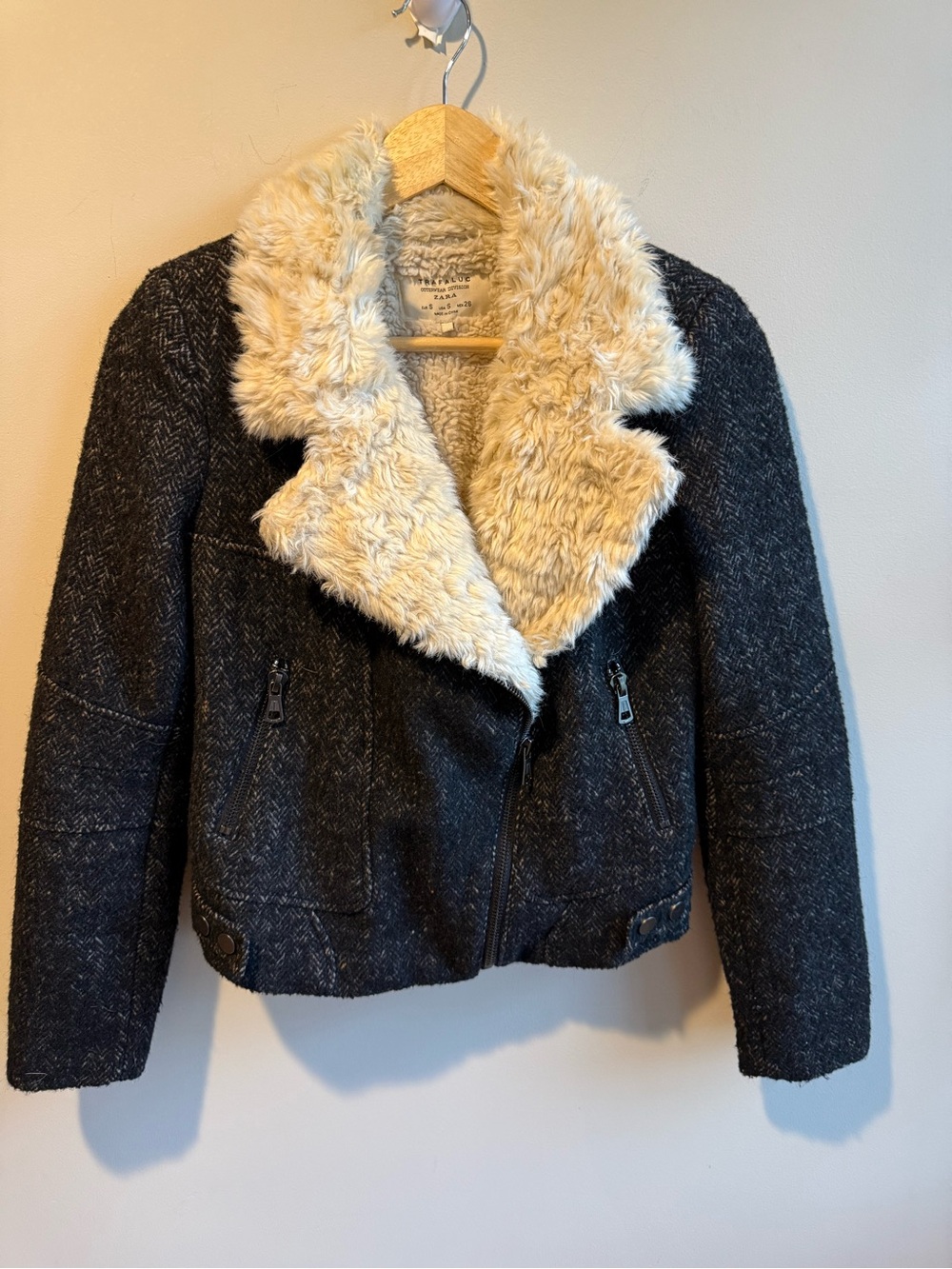 Zara Trafaluc Side Zip Shearling Black Wool Herringbone Tweed Moto Jacket, S